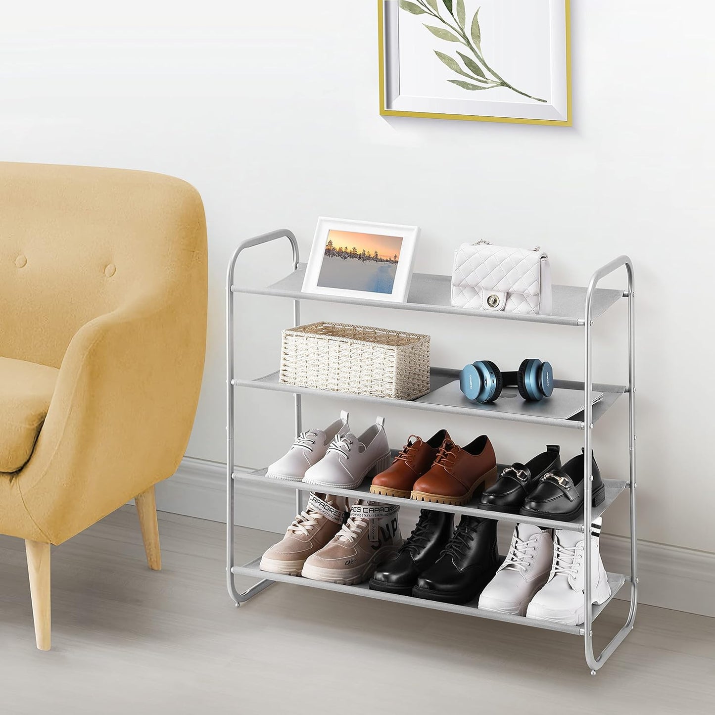 4 Tier Shoe Rack Storage Organinzer 4 Shelf Shoe Rack Organizer,Entrance Fabric Shoe Shelf Small for Closet Entryway Hallway Bedroom(Light Gray)