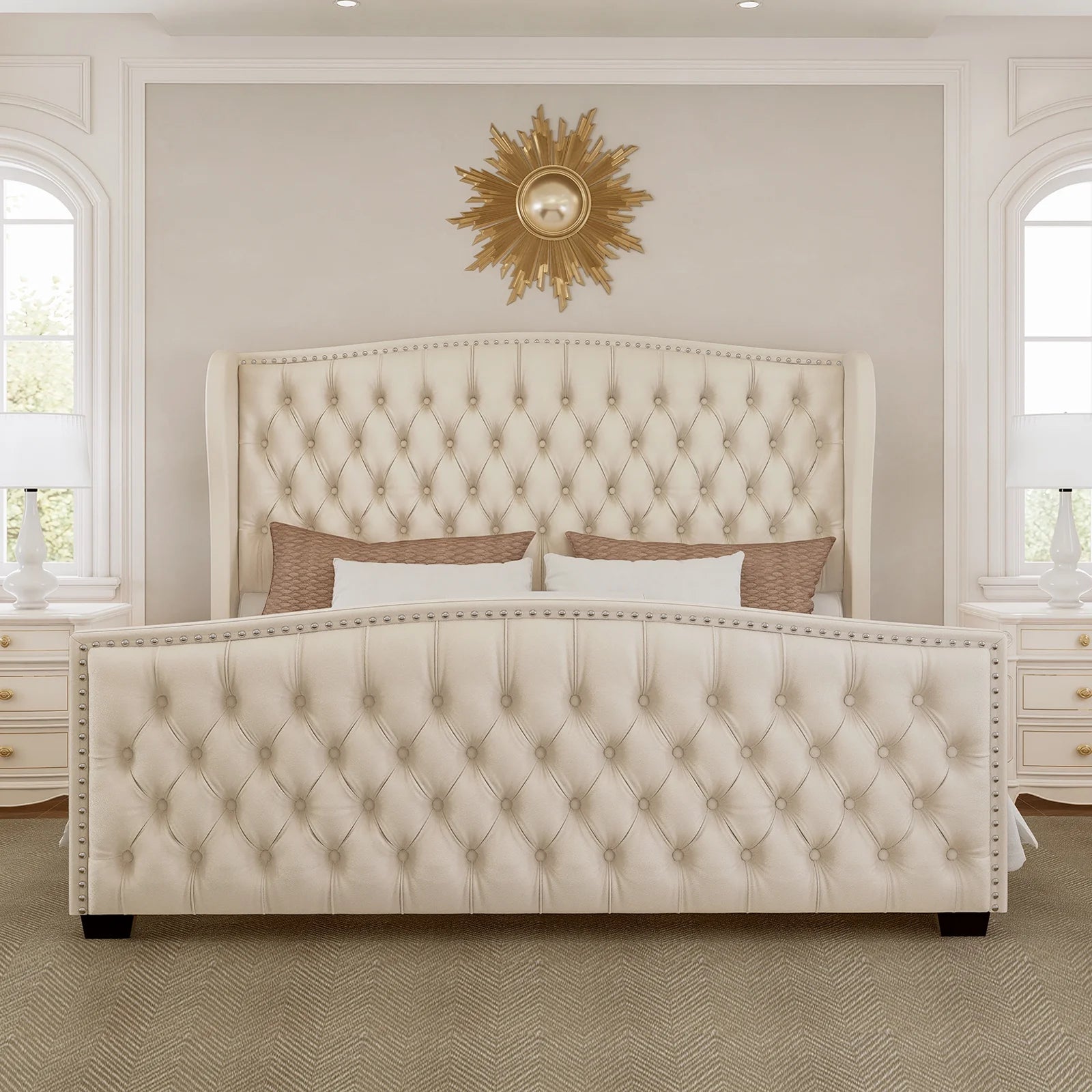 King Platform Bed Frame with Wingback Headboard, Cream