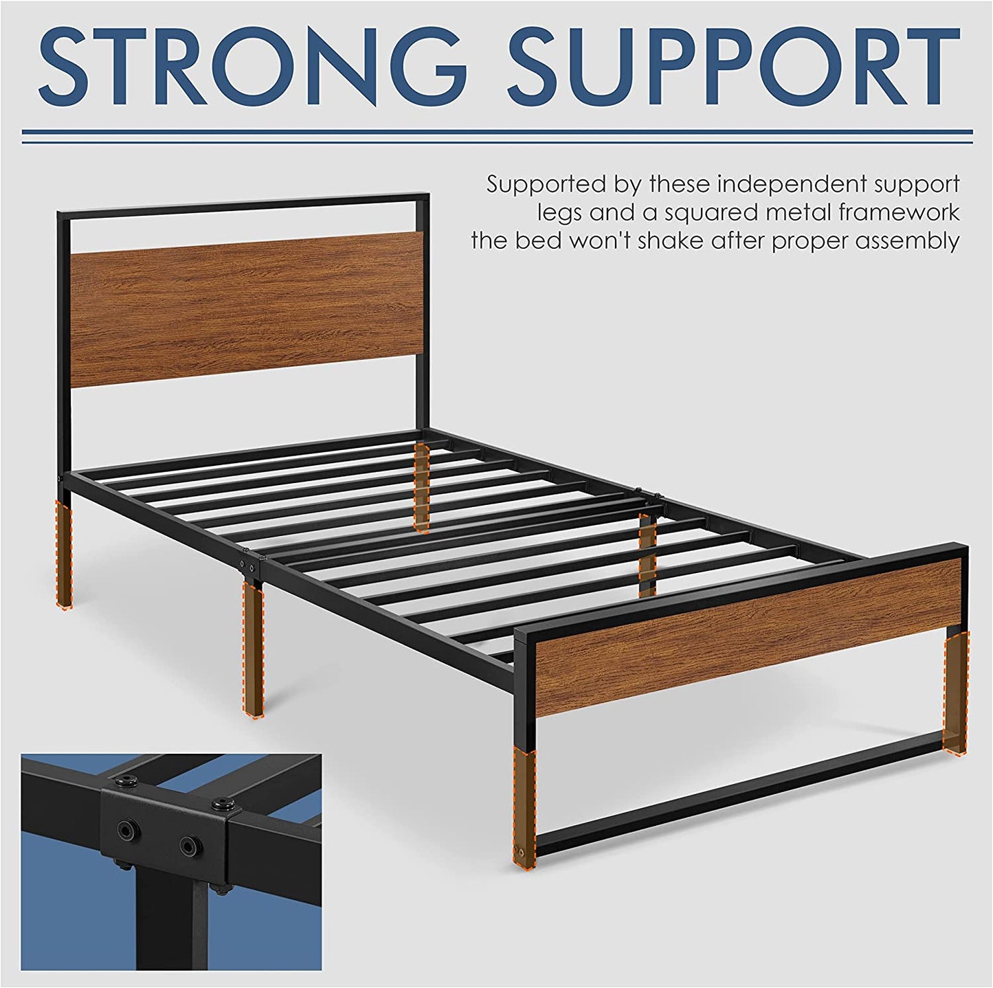 Twin Size Bed Frame, Single Metal Platform Bed with Rustic Wooden Headboard and Footboard, No Box Spring Needed/12 Inch Underbed Storage Space/No Noise/Easy Assembly, Walnut