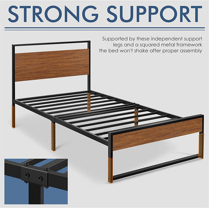 Twin Size Bed Frame, Single Metal Platform Bed with Rustic Wooden Headboard and Footboard, No Box Spring Needed/12 Inch Underbed Storage Space/No Noise/Easy Assembly, Walnut