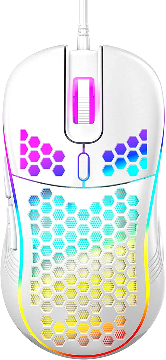 Honeycomb Wired Gaming Mouse, RGB Backlight and 7200 Adjustable DPI, Ergonomic and Lightweight USB Computer Mouse with High Precision Sensor for Windows PC & Laptop Gamers (Ceramic White)