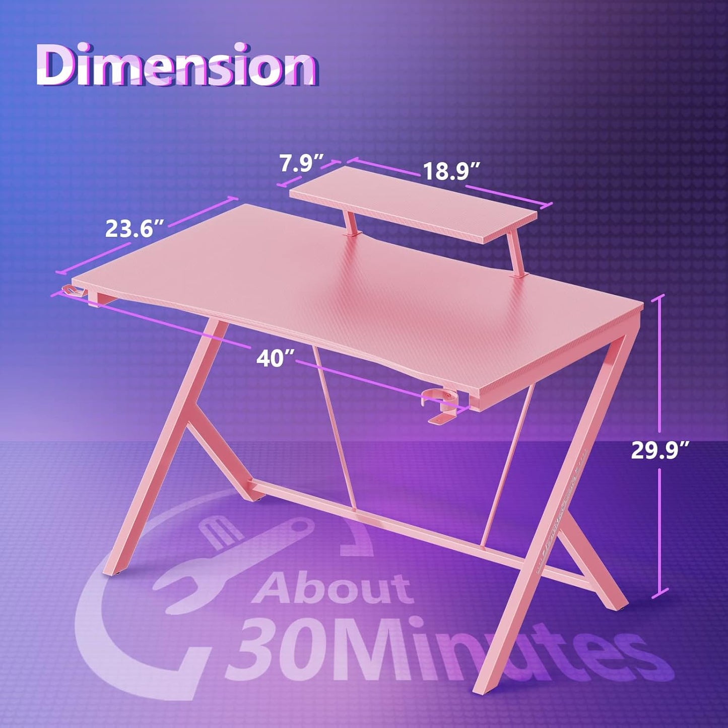 Pink Gaming Desk 40Inch with Monitor Shelf Computer Desk Gaming Table Desk for Girls with Cup Holder and Headphone Hook Gamer Workstation Game Table, Gift for Girls Women