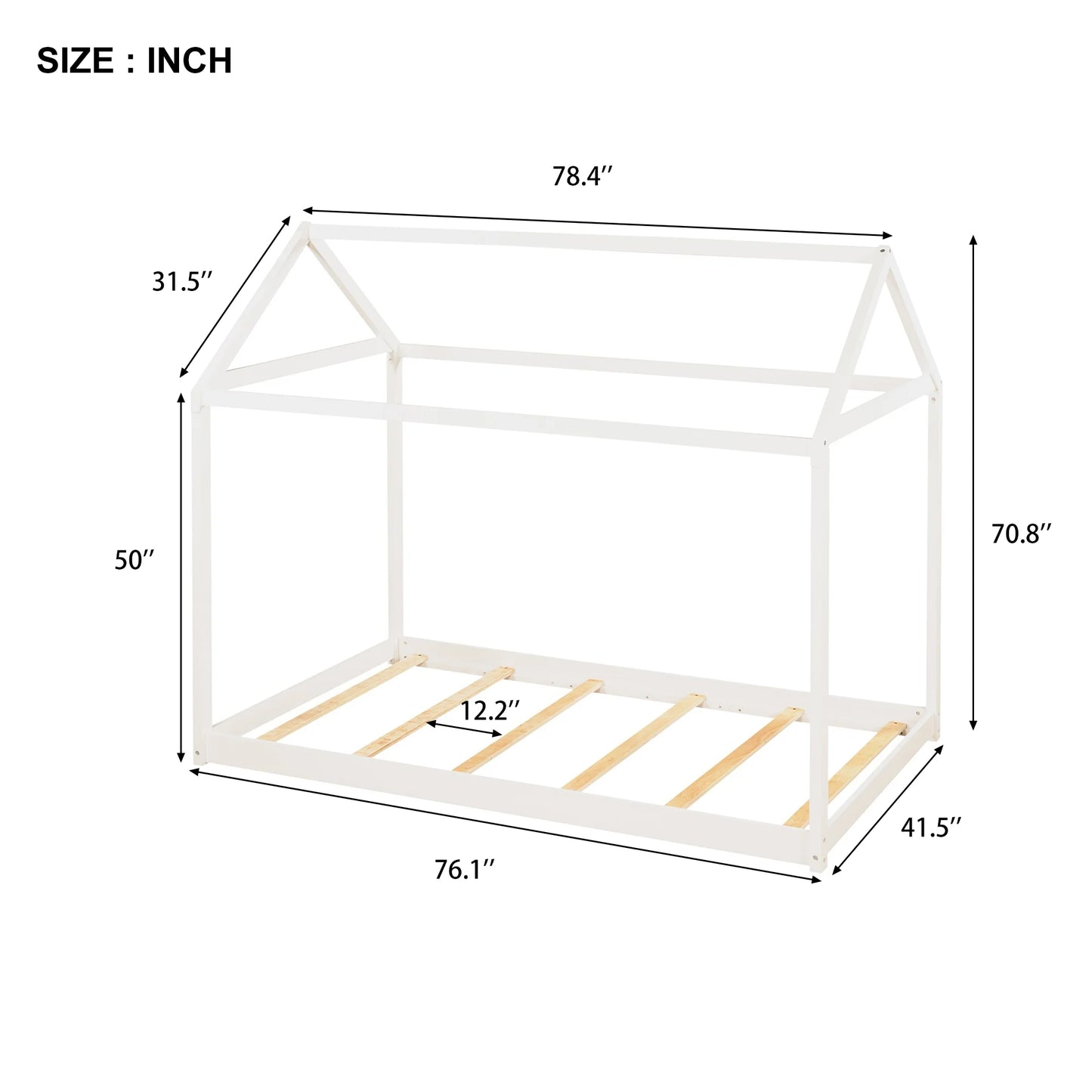 Wood Twin Size Kids House Bed Frame,Montessori Floor Bed for Toddler,White