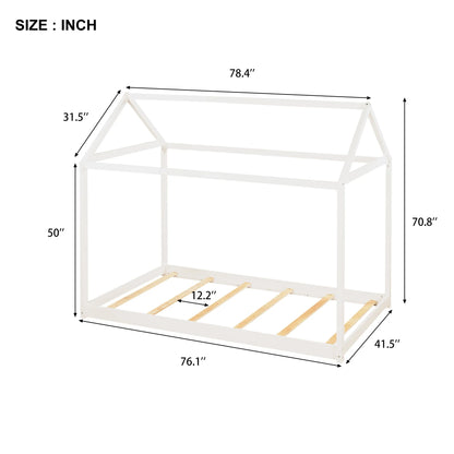 Wood Twin Size Kids House Bed Frame,Montessori Floor Bed for Toddler,White