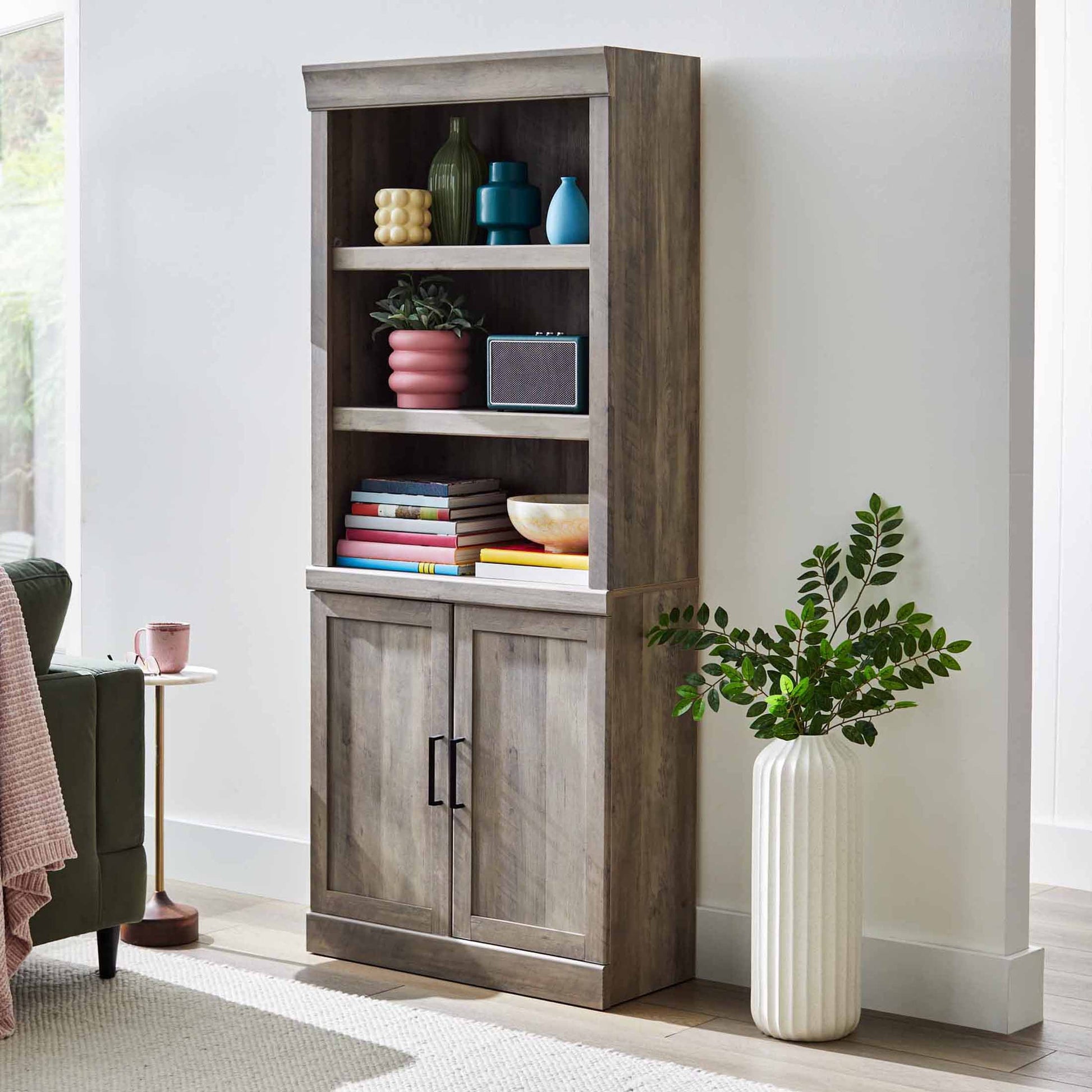 Glendale 5 Shelf Bookcase with Doors, Rustic Gray Finish