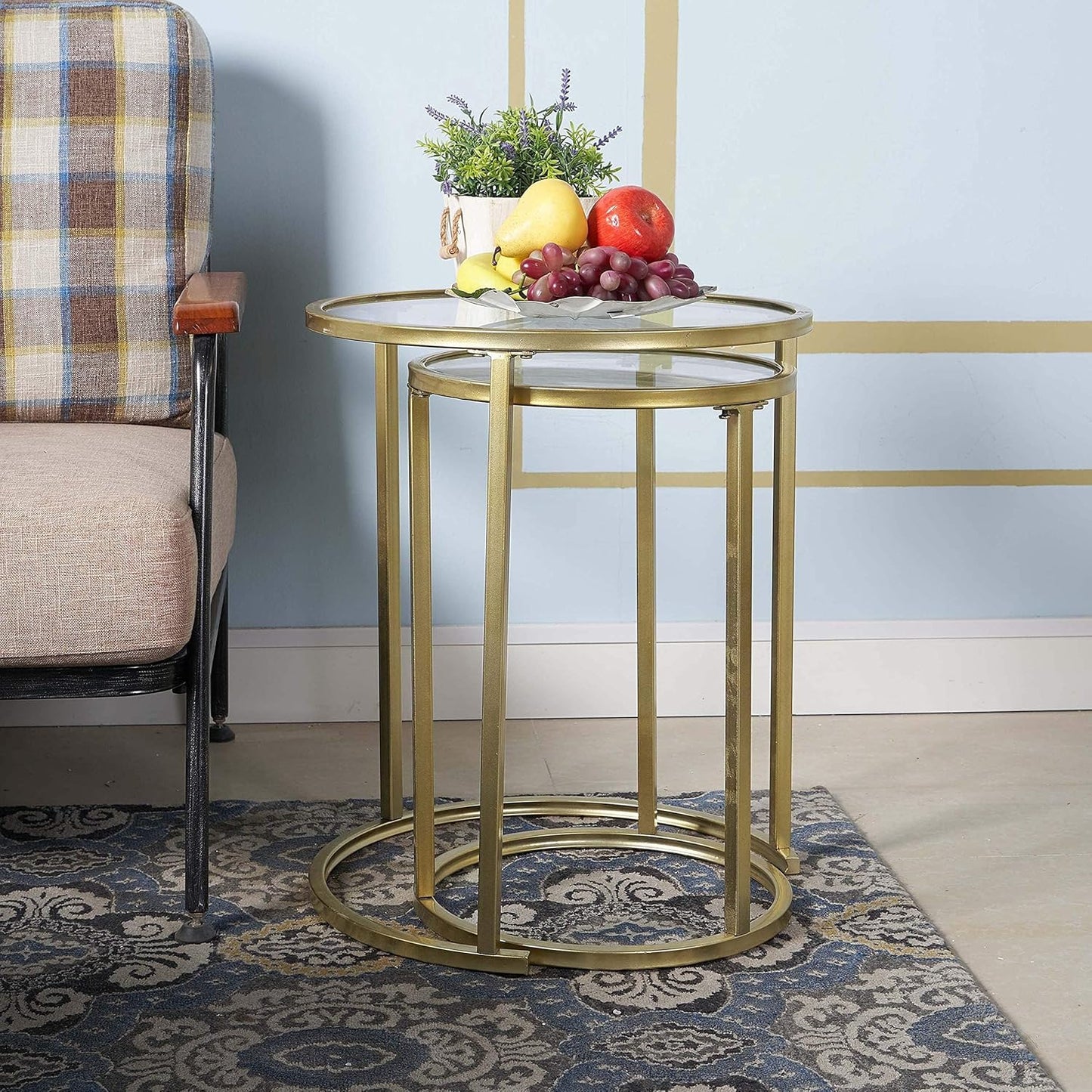 Gold Glass Nesting Side End Tables Set of 2, round Small Stacking Drink Coffee Table for Small Space, Living Room, Bedroom, Christmas, New Year