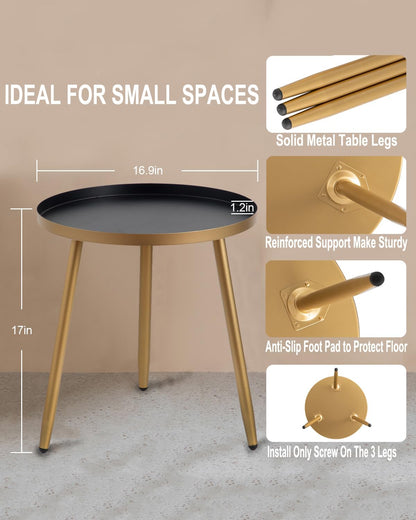 Side Table: End Table for Any Room - round Side Tables for Small Spaces - Black Top with 3 Gold Legged