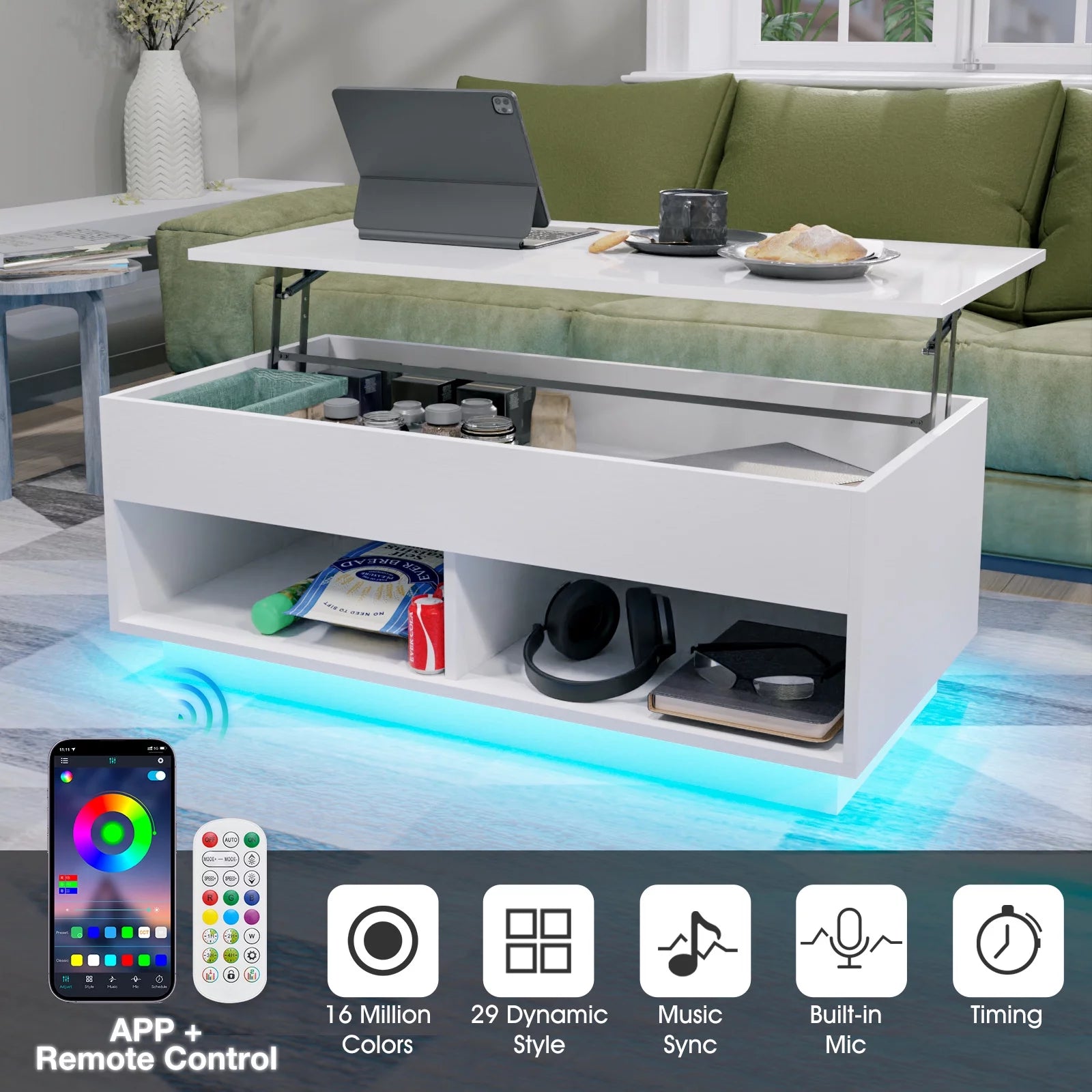 LED Lift Top Coffee Table with Hidden Compartment High Gloss White Coffee Tables Center Rising Cocktail Table for Living Room Accent Furniture