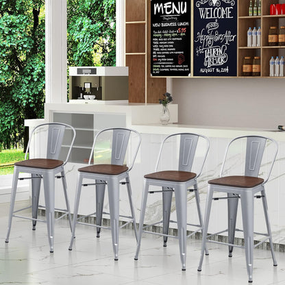 Industrial Metal Bar Stools Set of 4, 26 Inch Counter Height Barstools with Backs, Farmhouse Style, Silver