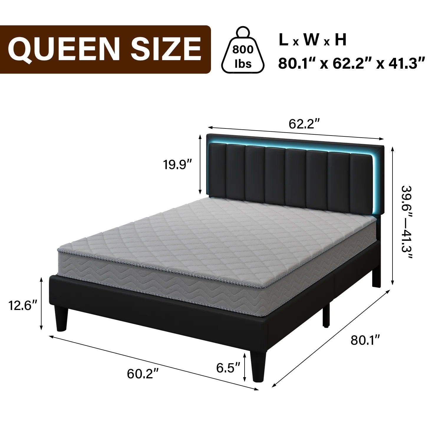 Queen Size , Black Queen Bed Frame with LED Light Headboard, Black