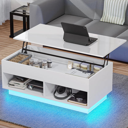 LED Lift Top Coffee Table with Hidden Compartment High Gloss White Coffee Tables Center Rising Cocktail Table for Living Room Accent Furniture