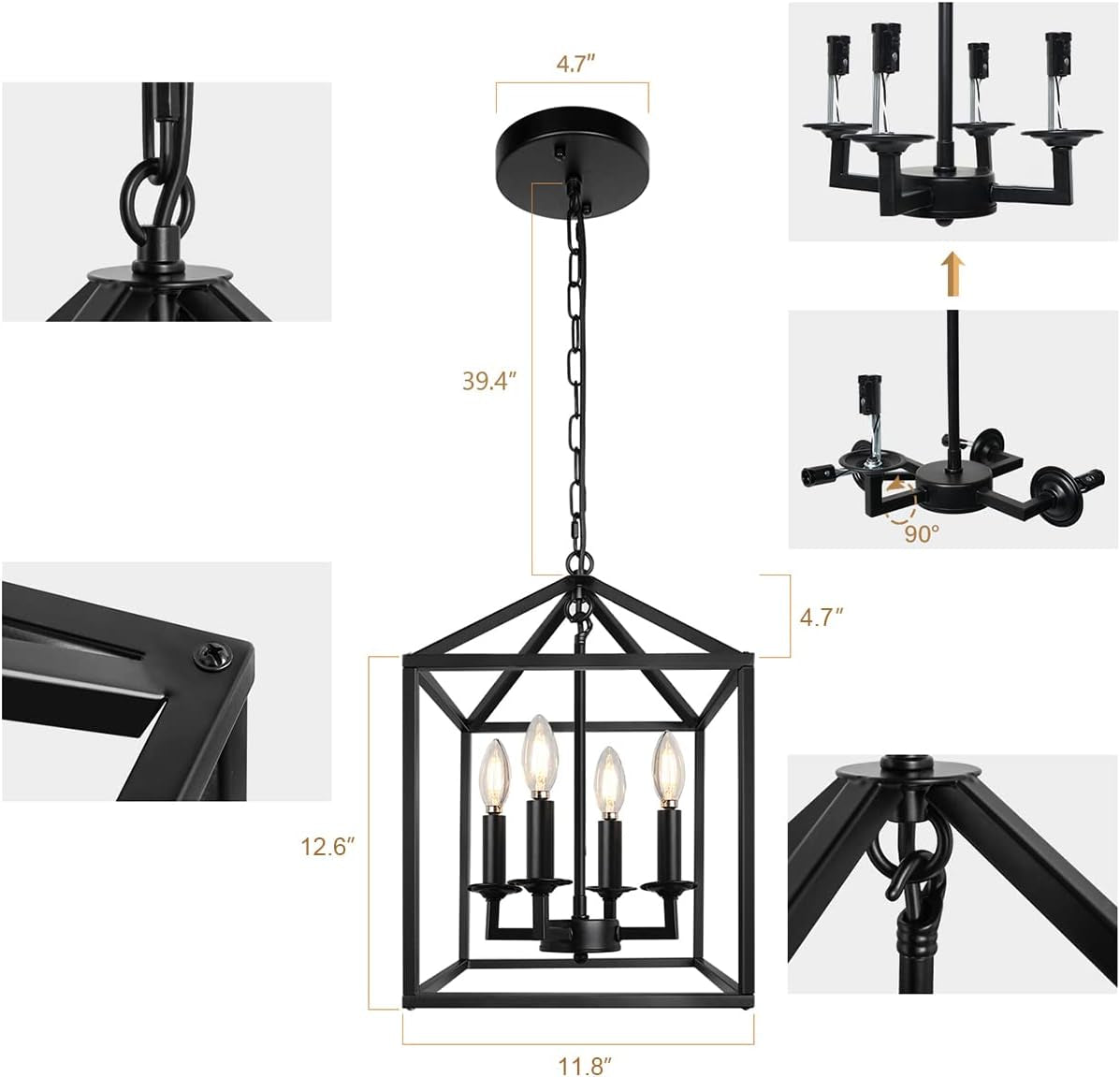 Black Farmhouse Pendant Light,Lantern Chandelier, Industrial Kitchen Light Fixture for Foyer Dining Room, Kitchen Island, Hallway (17''X11.8'', 4-Light, E12)