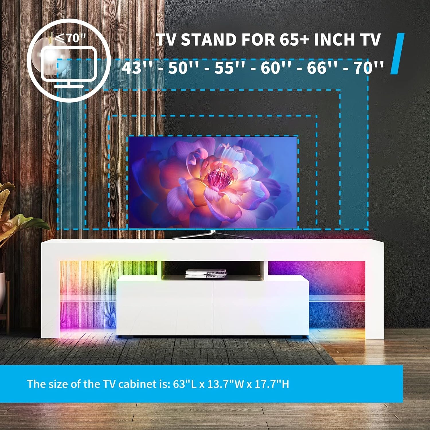 White TV Stand for 65+Inch TV, Led TV Stands Control RGB Light Strips by Mobile Phone, High Gloss Television Stands,Entertainment Center with 2 Drawer Suitable for Living Room/Bedroom (White)