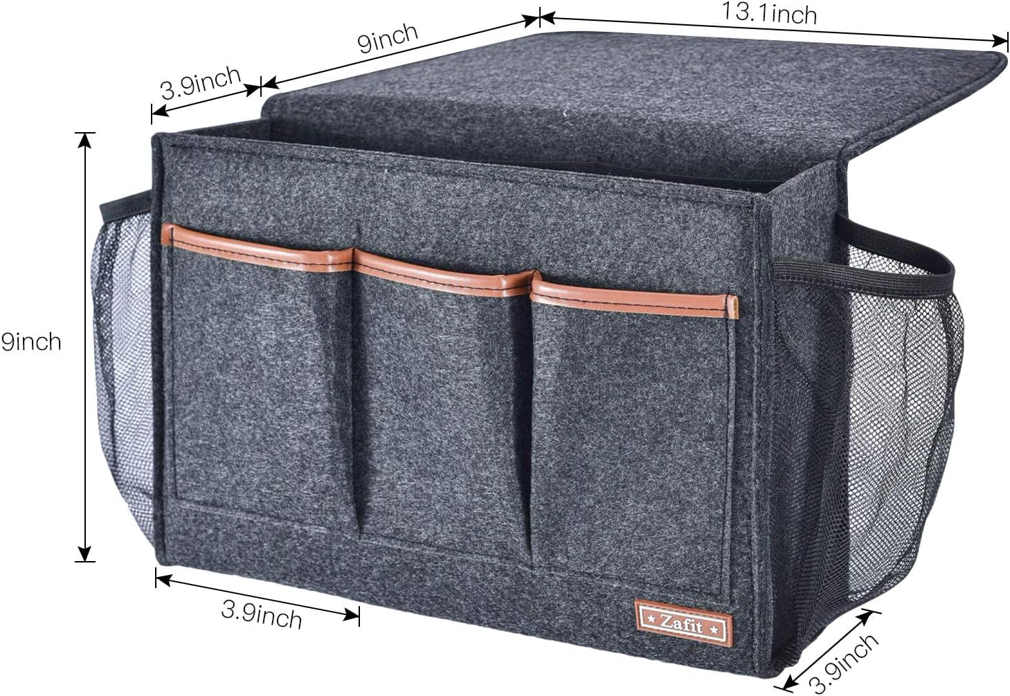 Bedside Caddy, Large Size Storage Organizer with 8 Pockets - Holds Magazines, Remotes, Phone (13.4'' X 18.1'', Dark Grey)