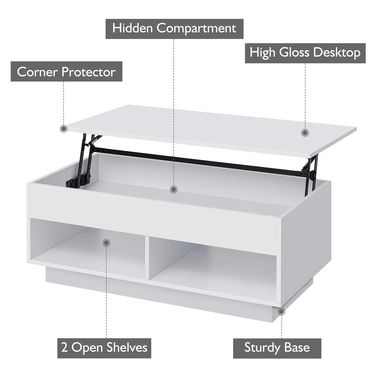 LED Lift Top Coffee Table with Hidden Compartment High Gloss White Coffee Tables Center Rising Cocktail Table for Living Room Accent Furniture