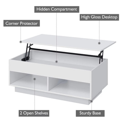 LED Lift Top Coffee Table with Hidden Compartment High Gloss White Coffee Tables Center Rising Cocktail Table for Living Room Accent Furniture