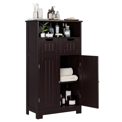 Bathroom Cabinet, Floor Storage Cabinet with 2 Doors and 2 Drawers, Free Standing Wooden Storage Organizer for Living Room, Dark Brown