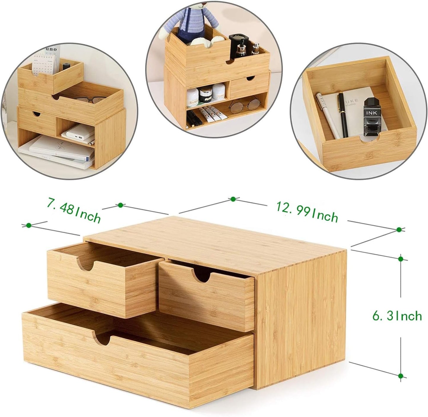 Bamboo Desk Organizer - Mini Desktop Drawer Tabletop Storage Organization Box for Office Home Toiletries Supplies, No Assembly Required (3 Drawer)