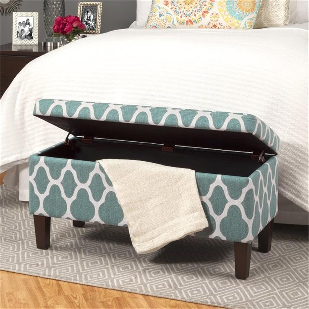 Large Upholstered Rectangular Storage Ottoman Bench with Hinged Lid, Teal Blue Geometric