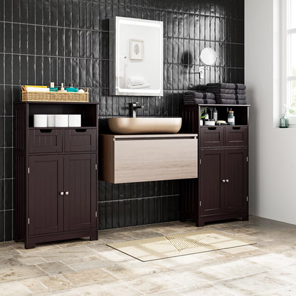 Bathroom Cabinet, Floor Storage Cabinet with 2 Doors and 2 Drawers, Free Standing Wooden Storage Organizer for Living Room, Dark Brown