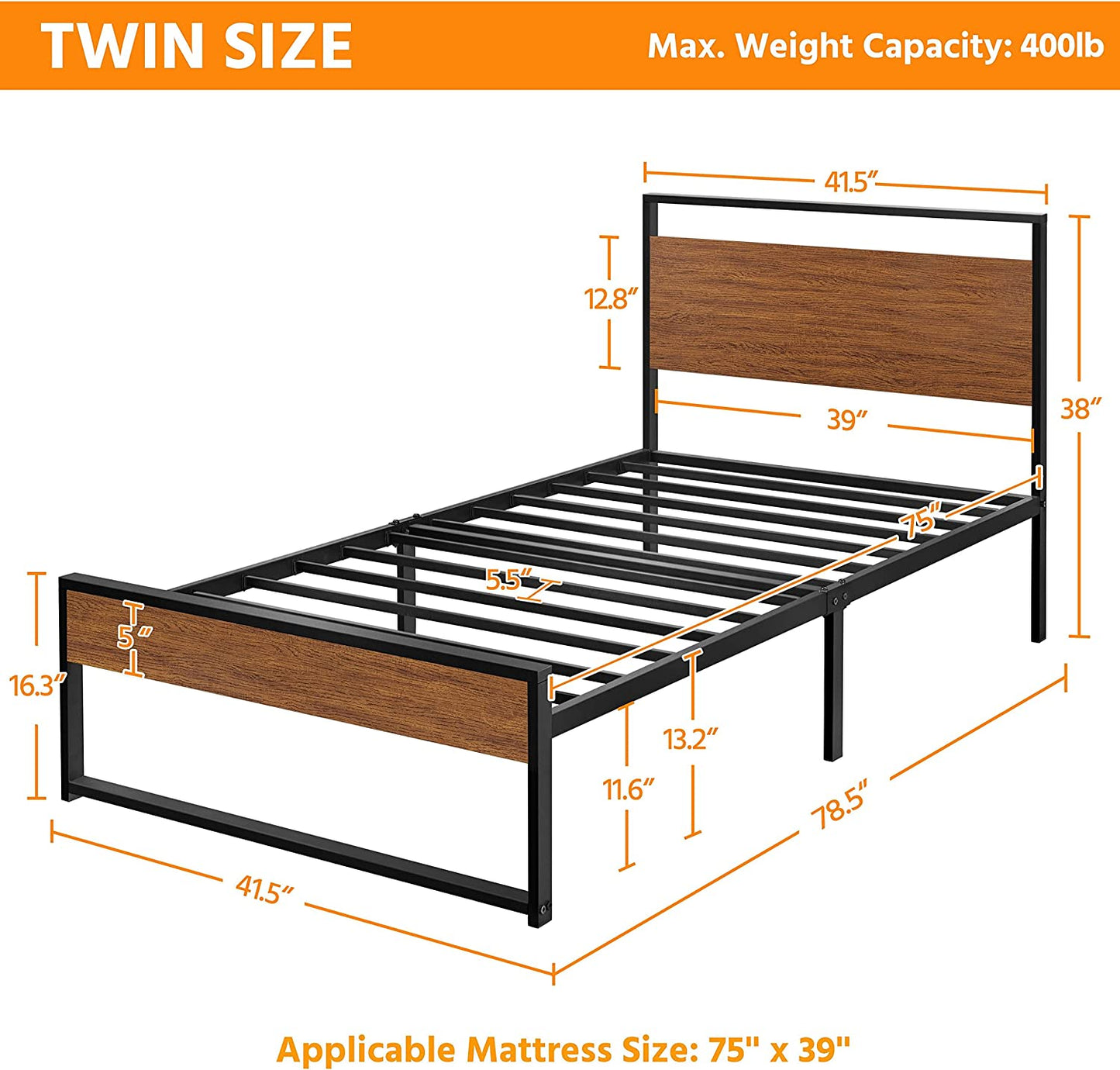 Twin Size Bed Frame, Single Metal Platform Bed with Rustic Wooden Headboard and Footboard, No Box Spring Needed/12 Inch Underbed Storage Space/No Noise/Easy Assembly, Walnut