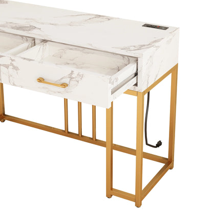 Console Table Modern Entryway with Storage Drawers Outlets USB, Narrow Faux Marble Sofa Coffee Desk, Home Furniture Decor Indoor,Gold & White