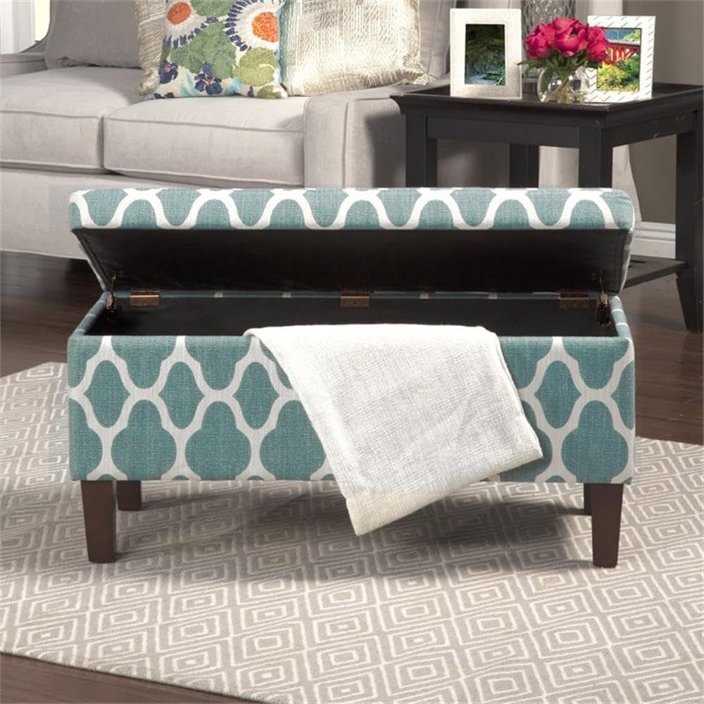 Large Upholstered Rectangular Storage Ottoman Bench with Hinged Lid, Teal Blue Geometric