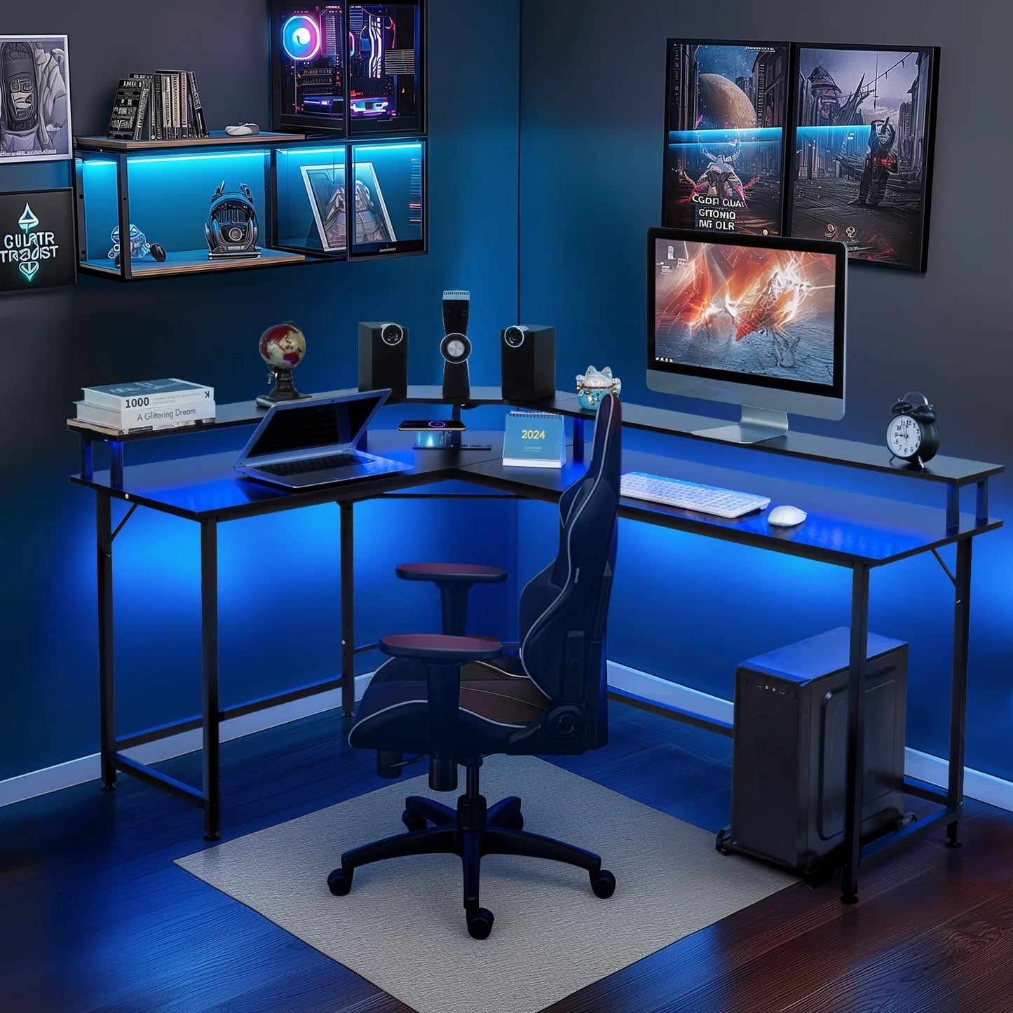 Ktaxon L-Shaped Gaming Desk with USB Wireless Charging, 55" Computer Desk with Monitor Stand, Corner Writing Desk with LED Light, Black