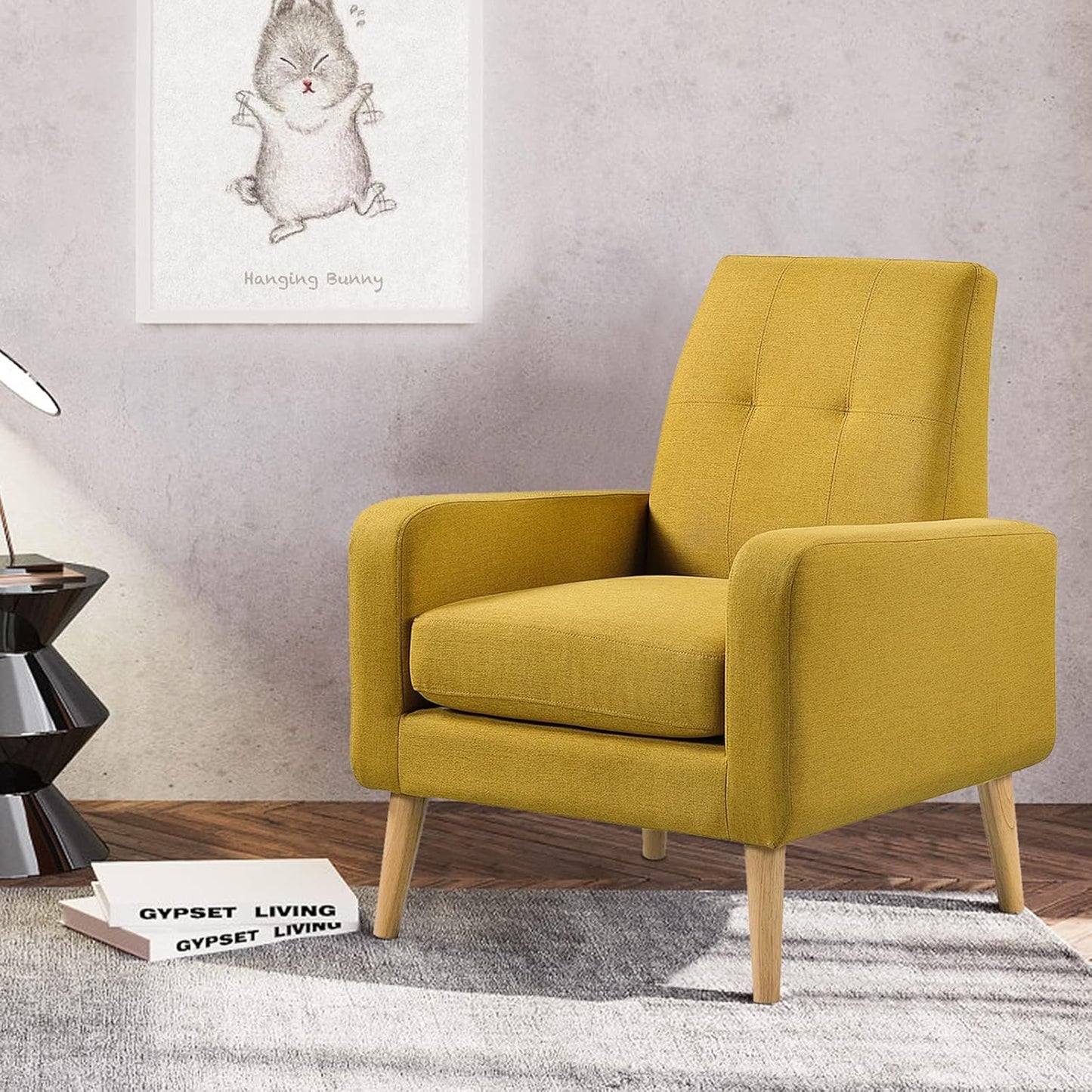 Accent Chair, Modern Comfy Arm Chair Upholstered Armchair Tufted Button Linen Fabric Single Sofa Accent Chair with Arms for Living Room Bedroom Small Spaces Apartment Office Mustard Yellow