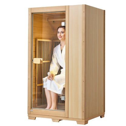 VEVOR Far Infrared Wooden Sauna, Room Home Sauna Spa for One Single Person, Low EMF Far Infrared Hemlock Wood Sauna with Tempered Glass Door & LED Reading Lamp & Bluetooth Speakers, 1140W Indoor Use