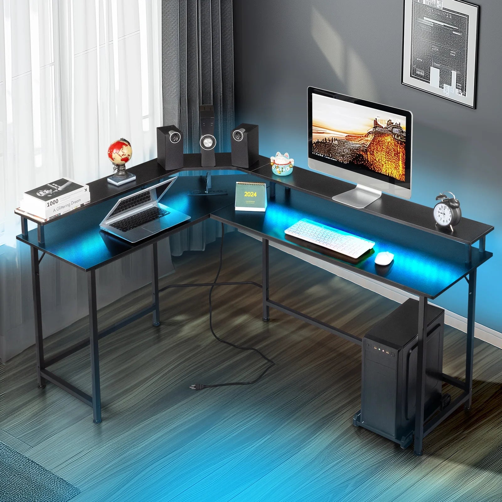 Ktaxon L-Shaped Gaming Desk with USB Wireless Charging, 55" Computer Desk with Monitor Stand, Corner Writing Desk with LED Light, Black