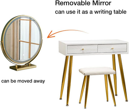 Vanity Table Set with 3 Modes Adjustable Brightness Mirror and Cushioned Stool, White Dressing Table Vanity Makeup Table