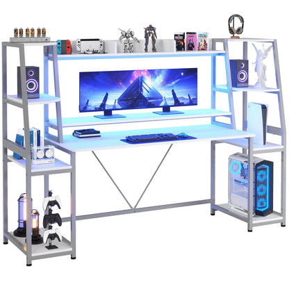 78.8 Inches Gaming Desk, Home Office Desk Computer Desk with LED Lights, Hutch and Storage Shelves, White