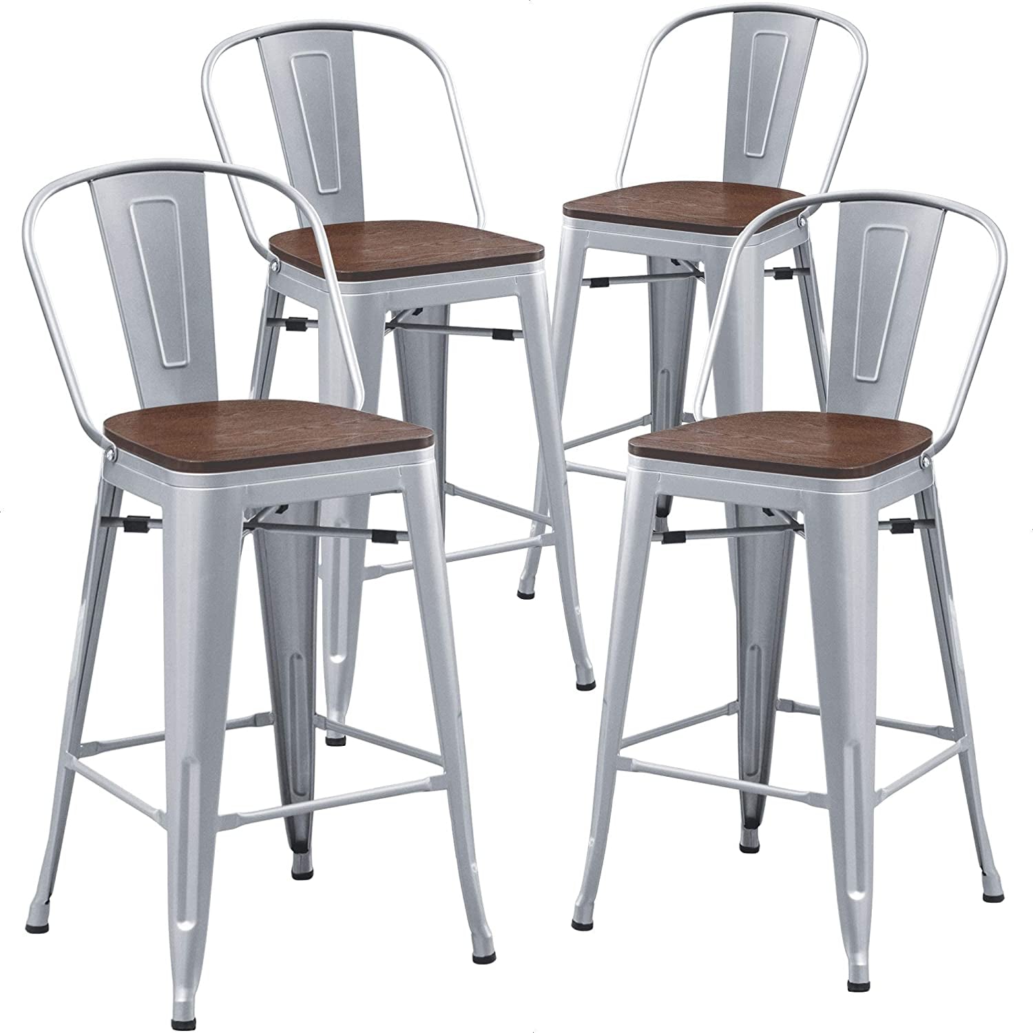 Industrial Metal Bar Stools Set of 4, 26 Inch Counter Height Barstools with Backs, Farmhouse Style, Silver