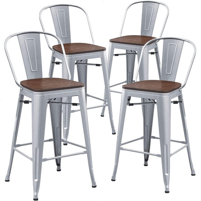 Industrial Metal Bar Stools Set of 4, 26 Inch Counter Height Barstools with Backs, Farmhouse Style, Silver