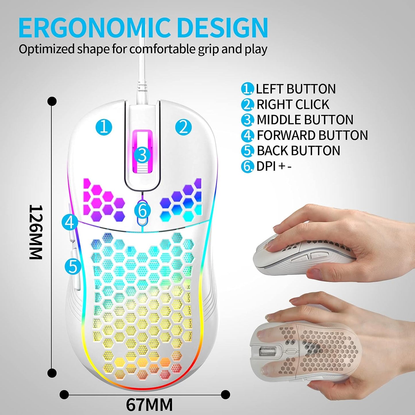 Honeycomb Wired Gaming Mouse, RGB Backlight and 7200 Adjustable DPI, Ergonomic and Lightweight USB Computer Mouse with High Precision Sensor for Windows PC & Laptop Gamers (Ceramic White)