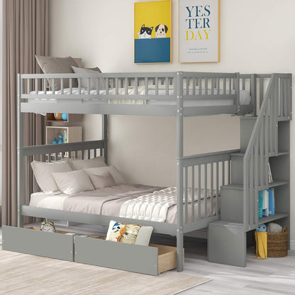 Bunk Beds Full over Full Size, Solid Wood Full Bunk Beds with Drawers and Stairway, Full Length Guardrail, No Box Spring Needed (Grey Full over Full Bunk Beds)