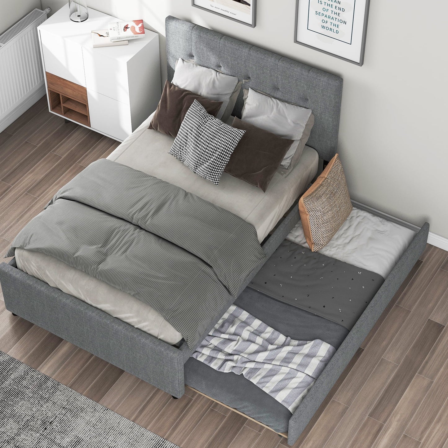 Line Full Size Upholstered Platform Bed with Trundle for Kids, Gray