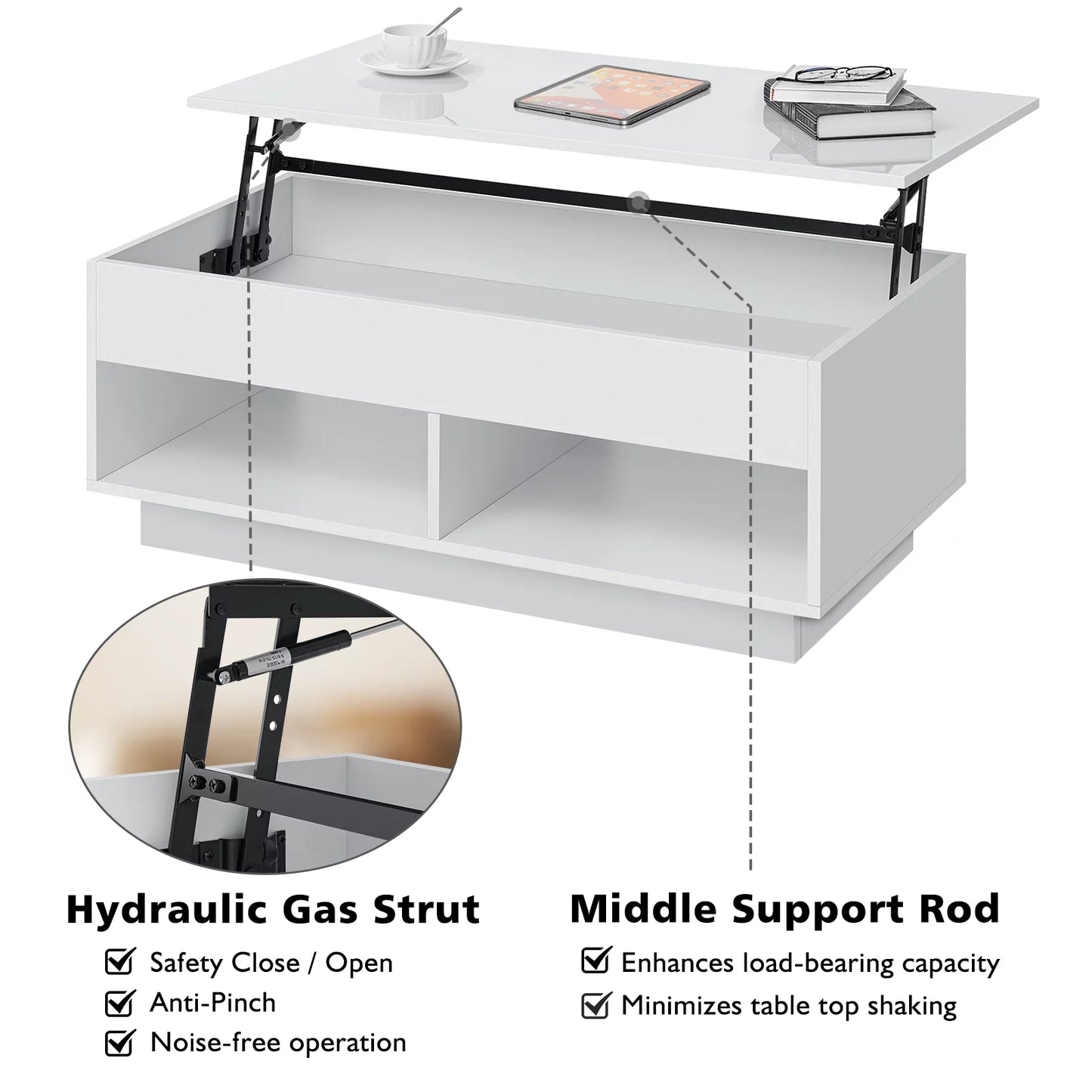 LED Lift Top Coffee Table with Hidden Compartment High Gloss White Coffee Tables Center Rising Cocktail Table for Living Room Accent Furniture