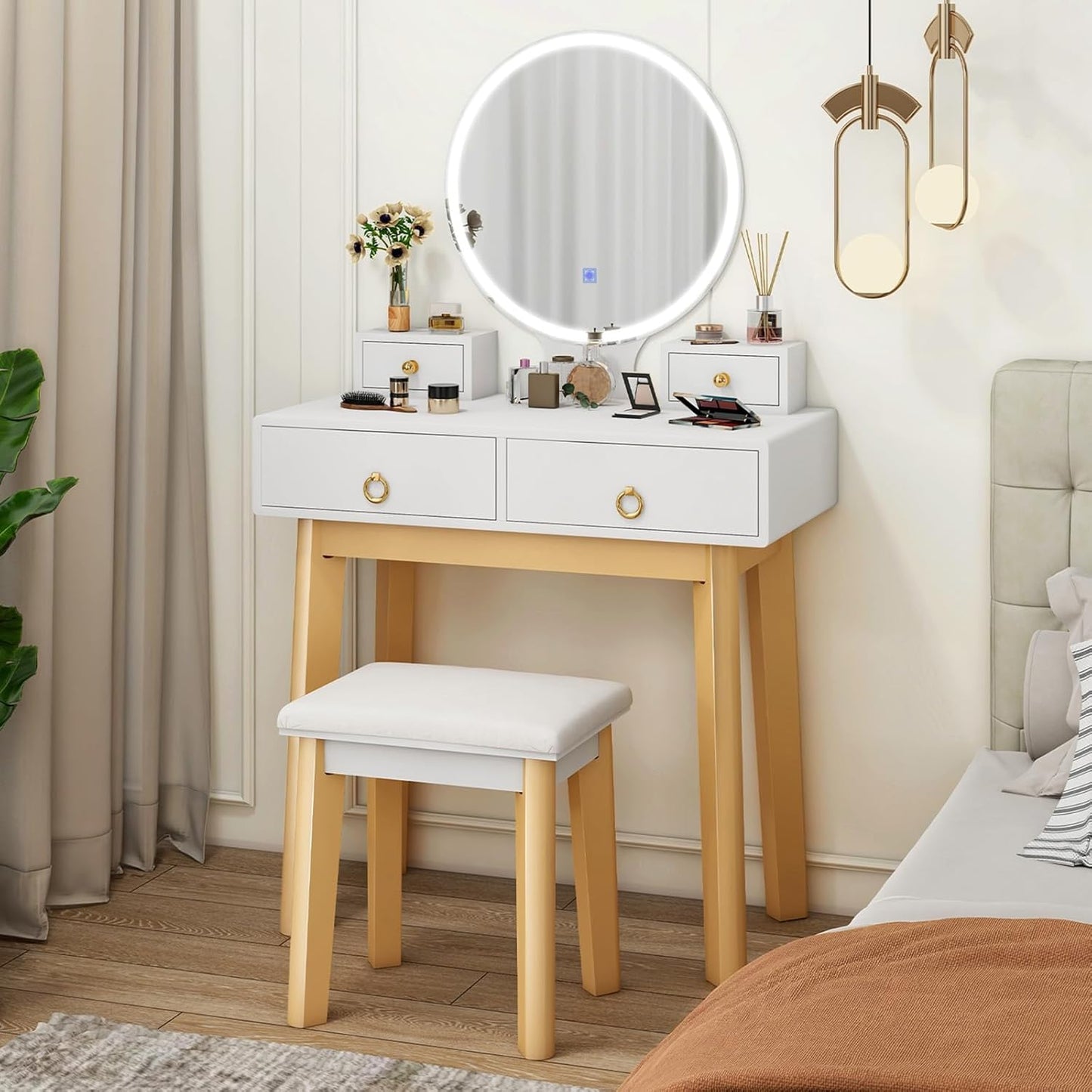 Vanity Desk with Mirror and Lights, White Makeup Vanity Desk with 4 Drawers, 3 Color Lighting Modes, Adjustable Brightness, Modern Dressing Table with Vanity Stool for Girls Small Bedroom