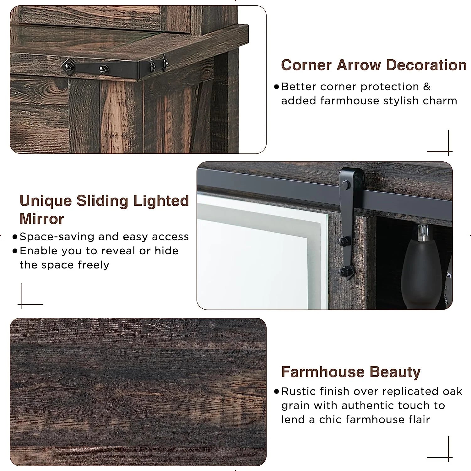 Farmhouse Rustic Makeup Vanity Desk with Sliding Mirror and Lights, Glass Top Vanity Set with Charging Station, 4 Drawers & 1 Cabinet, Includes Stool - Big Vanity for Bedroom, Dark Rustic Oak