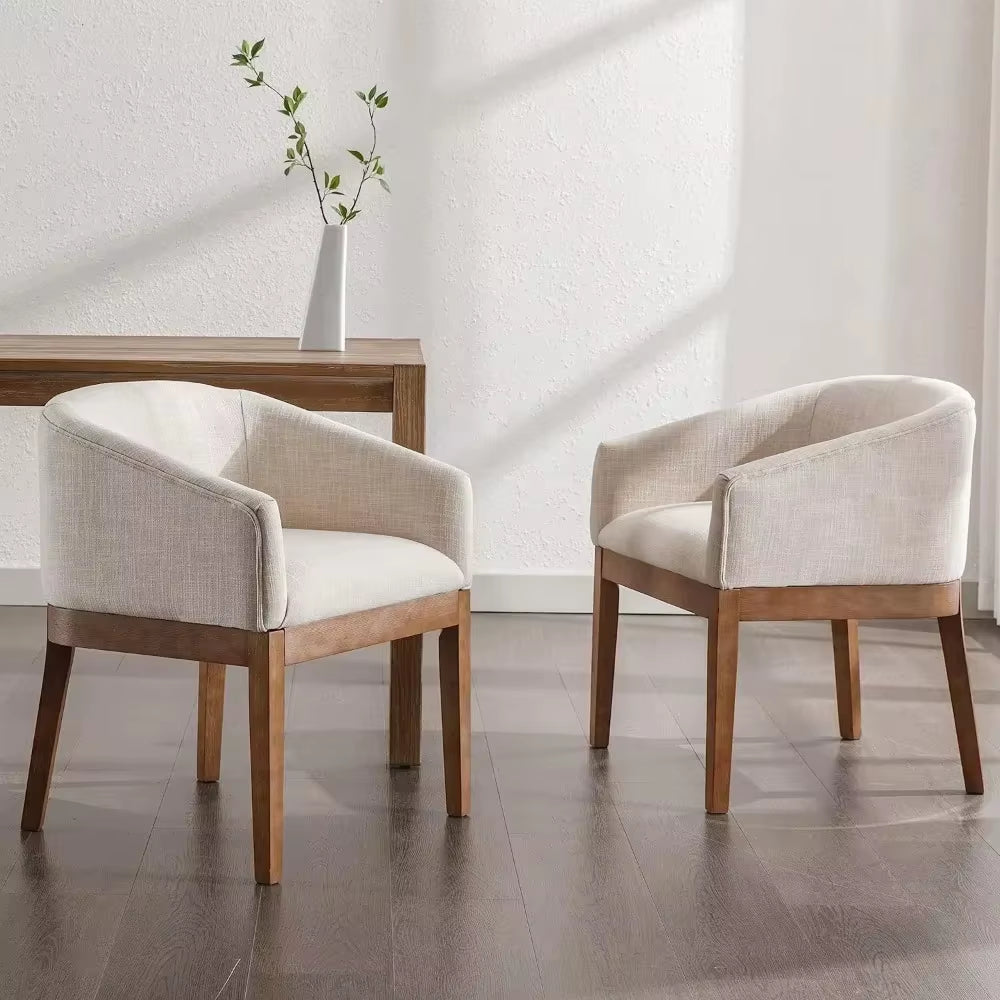 Dining Chairs Set of 2, Linen Upholstered Kitchen Dining Room Chairs, Curved Backrest Dining Chairs with Wood Legs