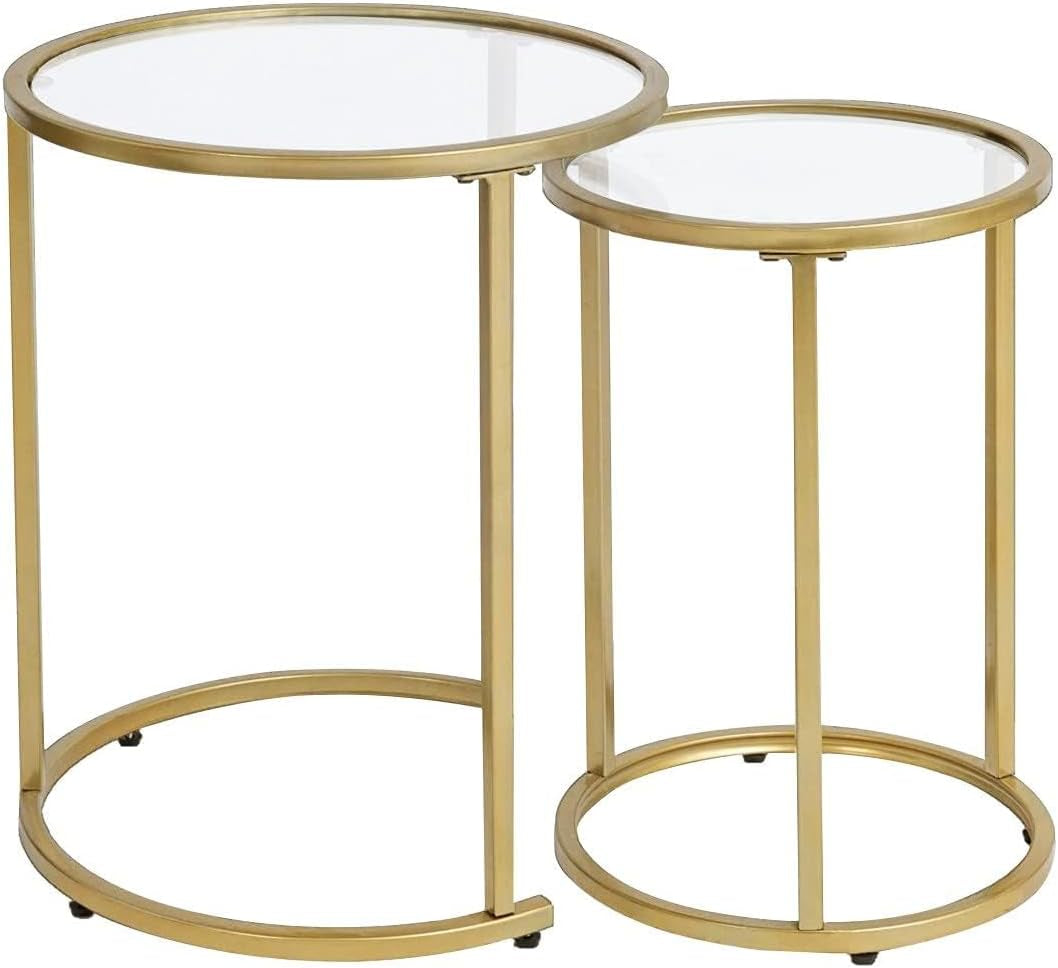 Gold Glass Nesting Side End Tables Set of 2, round Small Stacking Drink Coffee Table for Small Space, Living Room, Bedroom, Christmas, New Year