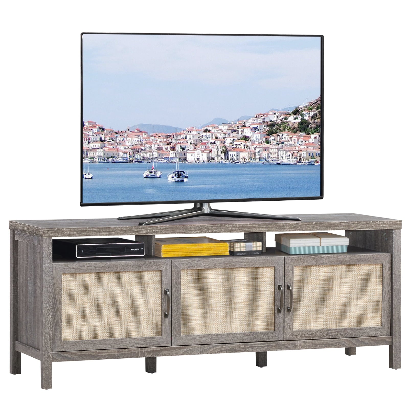 Universal TV Stand Cabinet Television Media Console with 3 Rattan Doors Grey