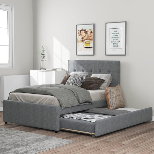 Line Full Size Upholstered Platform Bed with Trundle for Kids, Gray