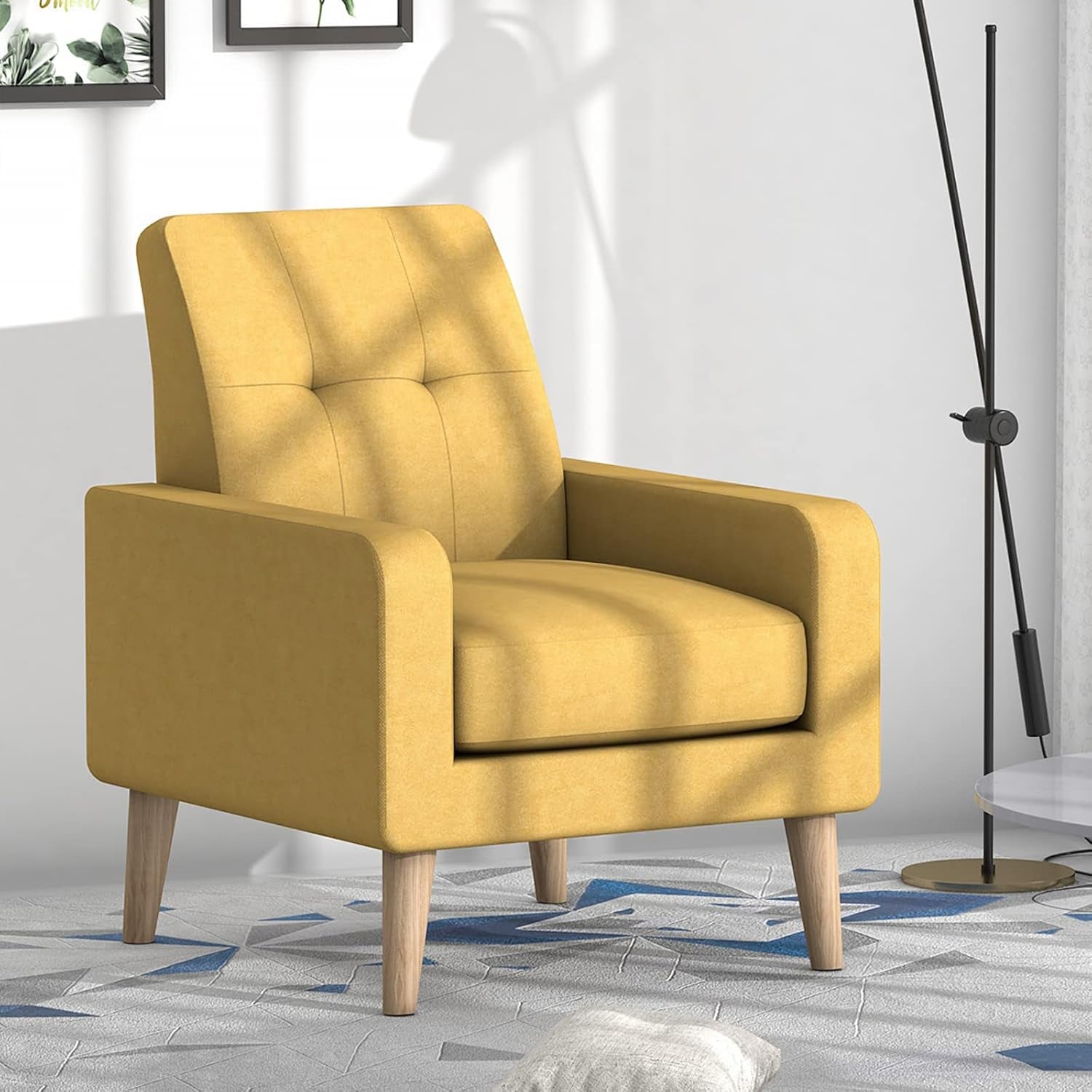 Accent Chair, Modern Comfy Arm Chair Upholstered Armchair Tufted Button Linen Fabric Single Sofa Accent Chair with Arms for Living Room Bedroom Small Spaces Apartment Office Mustard Yellow