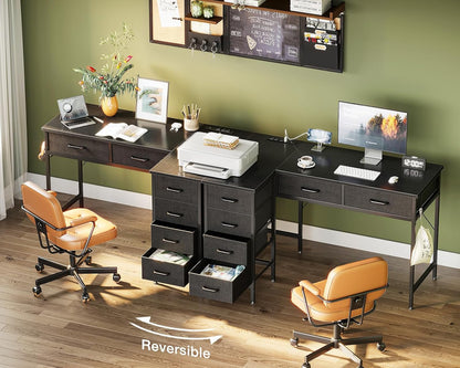 42 Inch L Shaped Desk with Drawers, Computer Desk with Power Outlets, Home Office Desk with 6 Drawers, Reversible Corner Desk for Small Space, Study Work Table with Hook, Black