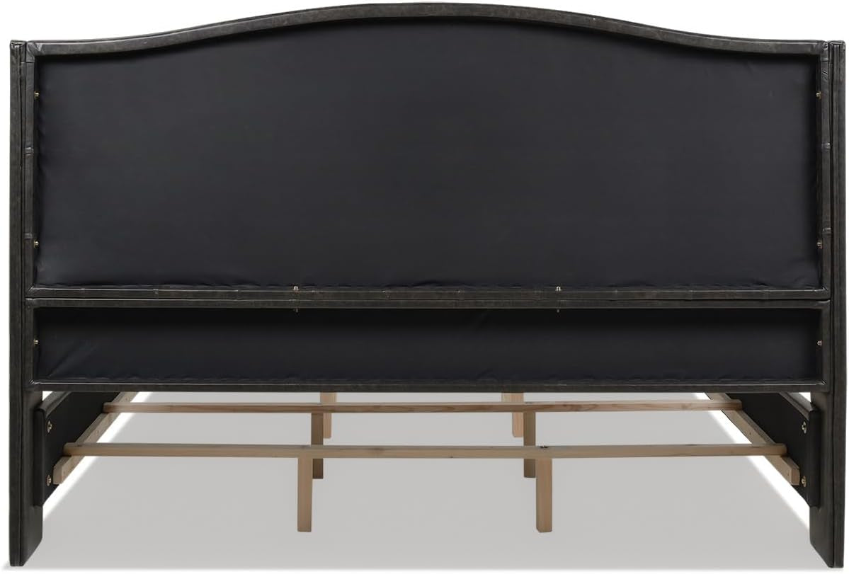 Marcella Upholstered Shelter Headboard Bed Set, King, Vintage Black Brown Faux Leather