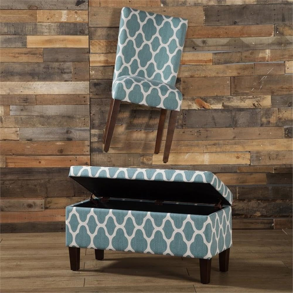 Large Upholstered Rectangular Storage Ottoman Bench with Hinged Lid, Teal Blue Geometric