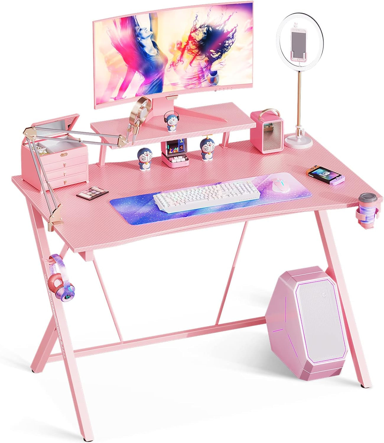 Pink Gaming Desk 40Inch with Monitor Shelf Computer Desk Gaming Table Desk for Girls with Cup Holder and Headphone Hook Gamer Workstation Game Table, Gift for Girls Women